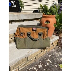 Bucket Boss Gate Mouth  17" Brown & Green Canvas Zippered Tool Bag / Tote